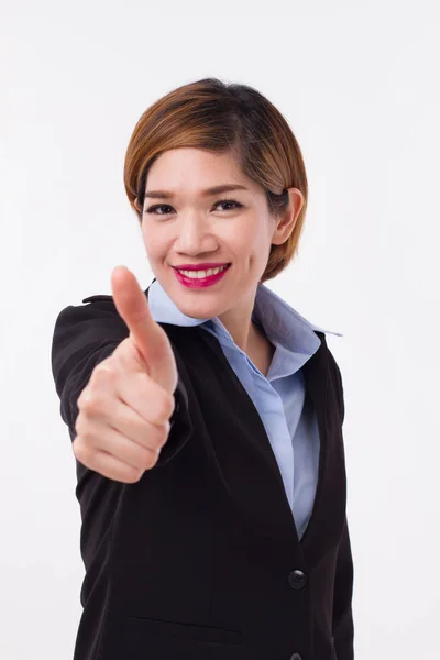 Happy, successful, smiling businesswoman giving thumb up, approval, good, ok hand gesture — Stock Photo, Image