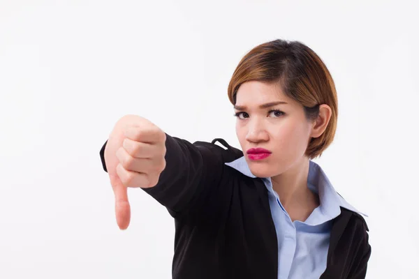 Gefrustreerd, ongelukkig, verdrietig, boos zakenvrouw of zakenman geven duim omlaag — Stockfoto