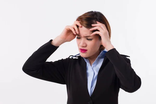 Sjuk, sjuk, trött, stressande affärskvinna lider av huvudvärk — Stockfoto