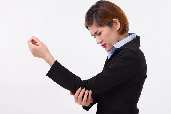 Vrouw die lijdt aan elboe pijn in de gewrichten, letsel, artritis, jicht — Stockfoto