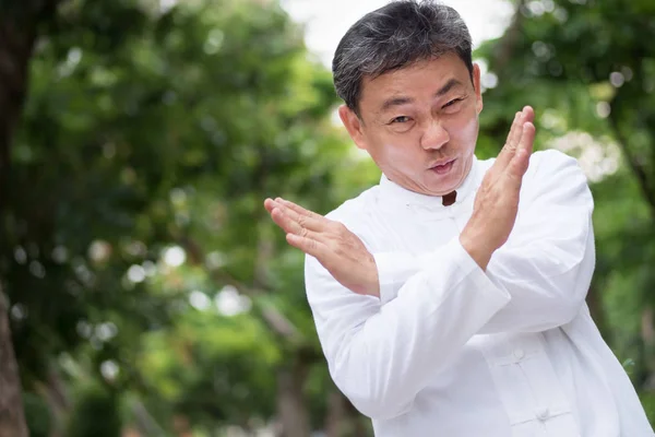 Asiático kung fu senior hombre mostrando negativo rechazar gesto — Foto de Stock