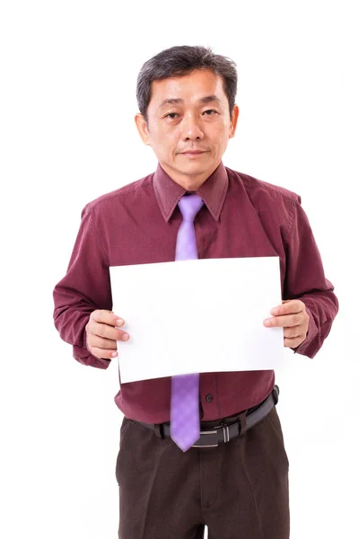 Anziano imprenditore mano tenendo banner, tabellone bianco — Foto Stock