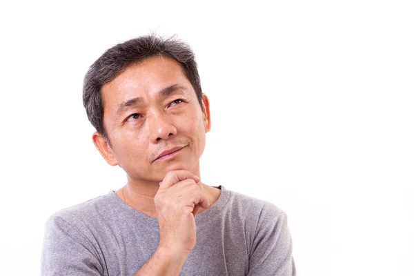 Middle aged asian man thinking, studio isolated portrait Royalty Free Stock Images