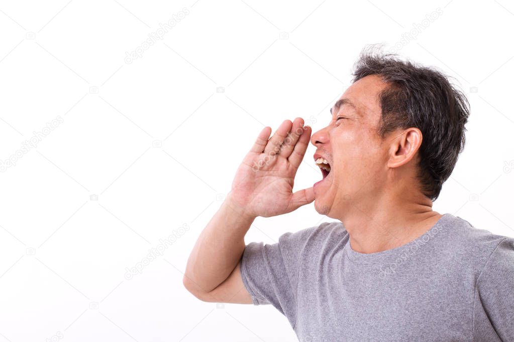 exited middle aged man senior uncle shouting, speaking, advertising