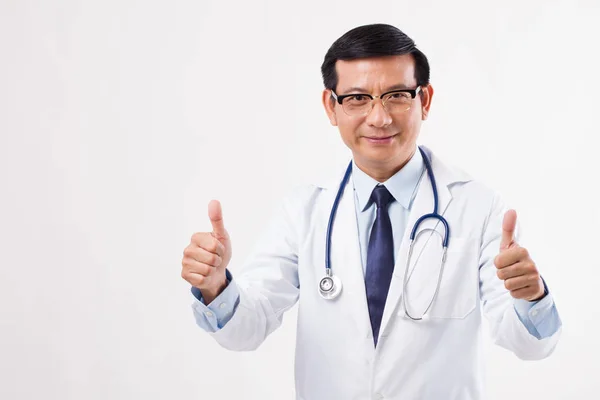 Asian doctor showing two thumbs up gesture, yes, good, approval — Stock Photo, Image