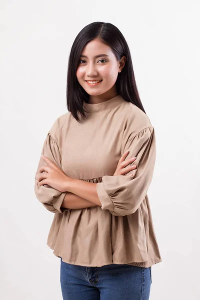 Felice sorridente asiatico arabo donna studio isolato — Foto Stock