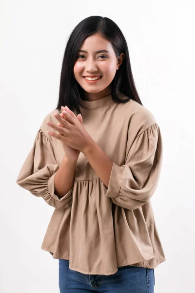 Happy smiling woman clapping her hand — Stock Photo, Image