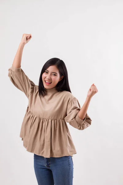 Excited happy smiling smart casual arab asian woman posing cheerful, successful pose — Stock Photo, Image