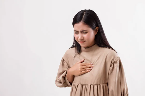 Sjukt stressad kvinna med sura uppstötningar, gerd symtom — Stockfoto