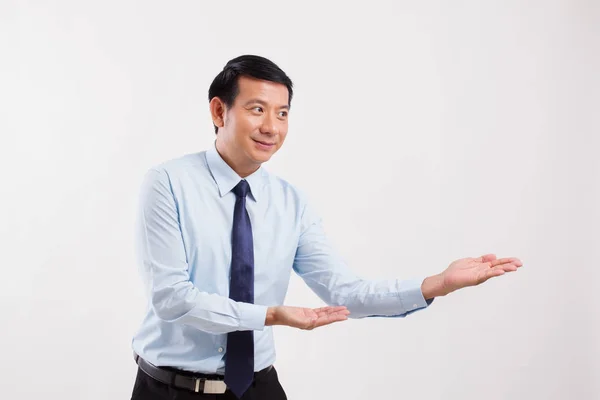 Businessman pointing his hand, presenting something — Stock Photo, Image