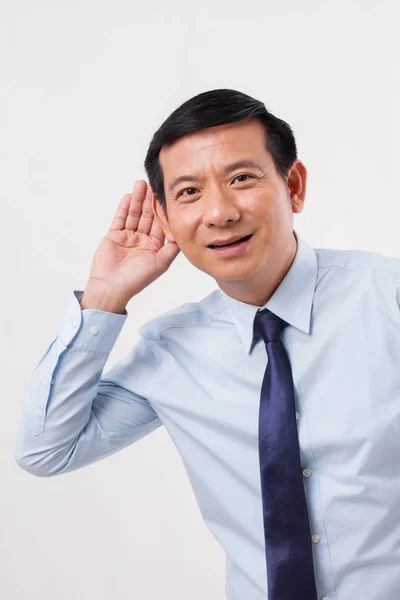 Happy smiling positive business man listening to good news — Stock Photo, Image