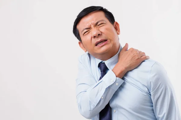 Ázsiai üzleti ember szenved a nyaki fájdalom, ízületi gyulladás, köszvény sym — Stock Fotó