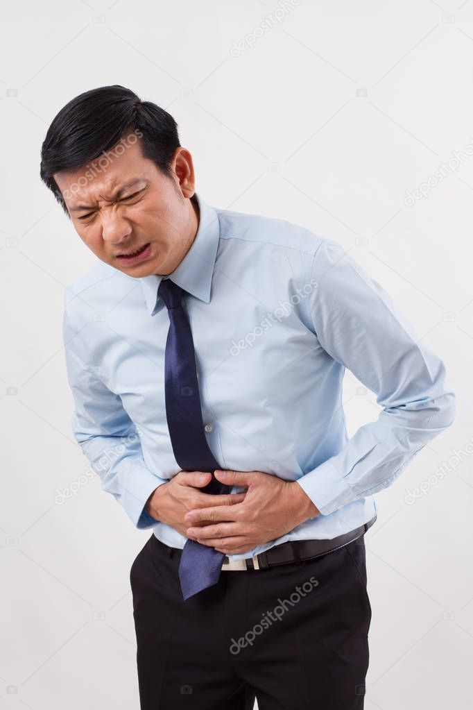 sick business man with stomach ache, indigestion, gastritis, dia