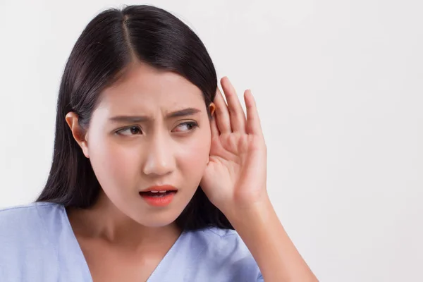 Sad frustrated unhappy woman listening ear to bad news — Stock Photo, Image