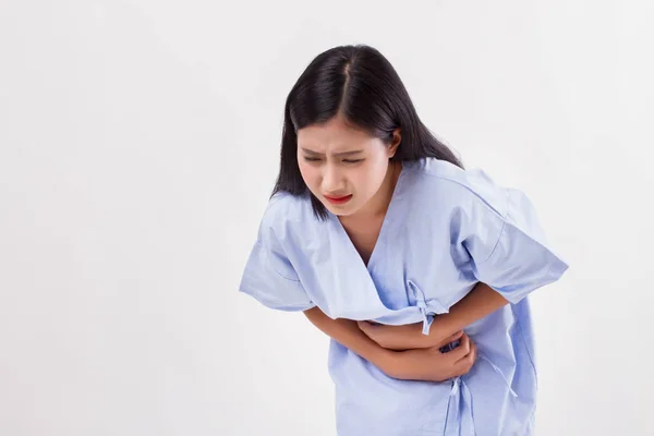 Woman with stomach ache, menstrual period cramp, abdominal pain, food poisoning — Stock Photo, Image