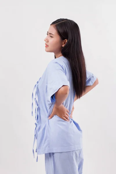 Paciente mujer que sufre de dolor de espalda, disco vertebral o lesión muscular espinal — Foto de Stock