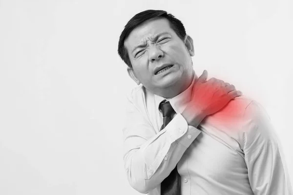 Asiático homem de negócios sofrendo de dor no pescoço, artrite, sintomas de gota — Fotografia de Stock