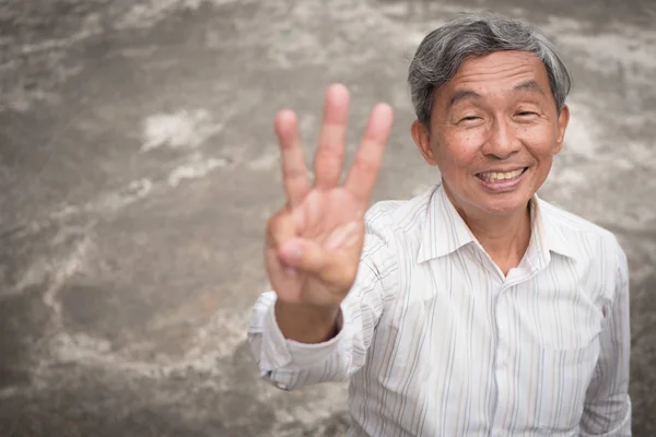 Feliz anciano apuntando hacia arriba tres dedos, sonriente anciano, retrato jubilado positivo — Foto de Stock
