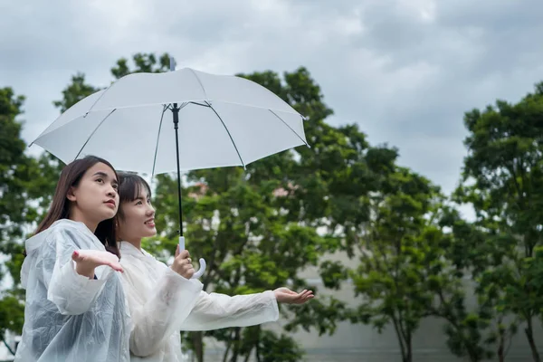 Glada Avslappnade Kvinnor Med Regnrock Och Paraply Molnig Mulen Dag — Stockfoto