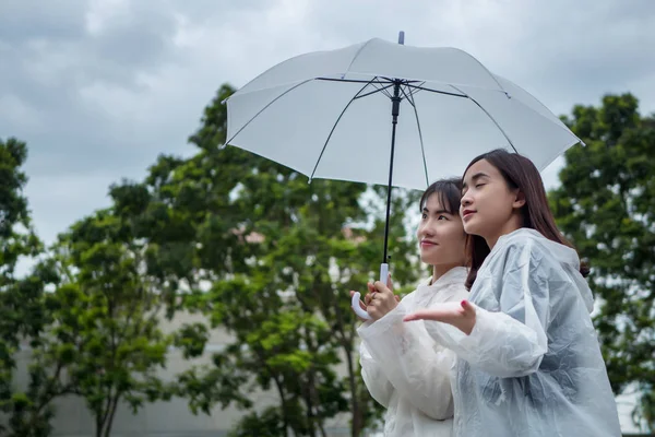 Glada Avslappnade Kvinnor Med Regnrock Och Paraply Molnig Mulen Dag — Stockfoto
