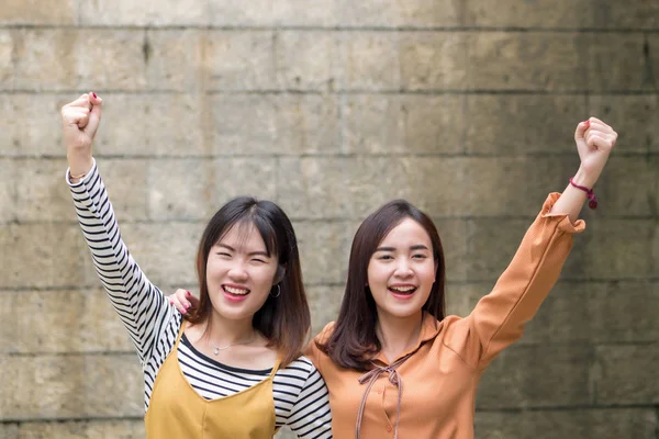 Happy Laughing Successful Women Friends Enjoying Success Life Hands — Stock Photo, Image