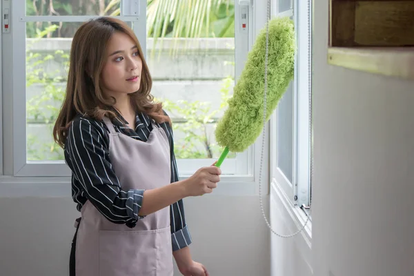 Donna Asiatica Pulizia Finestre Facendo Lavori Casa Con Spolverino — Foto Stock