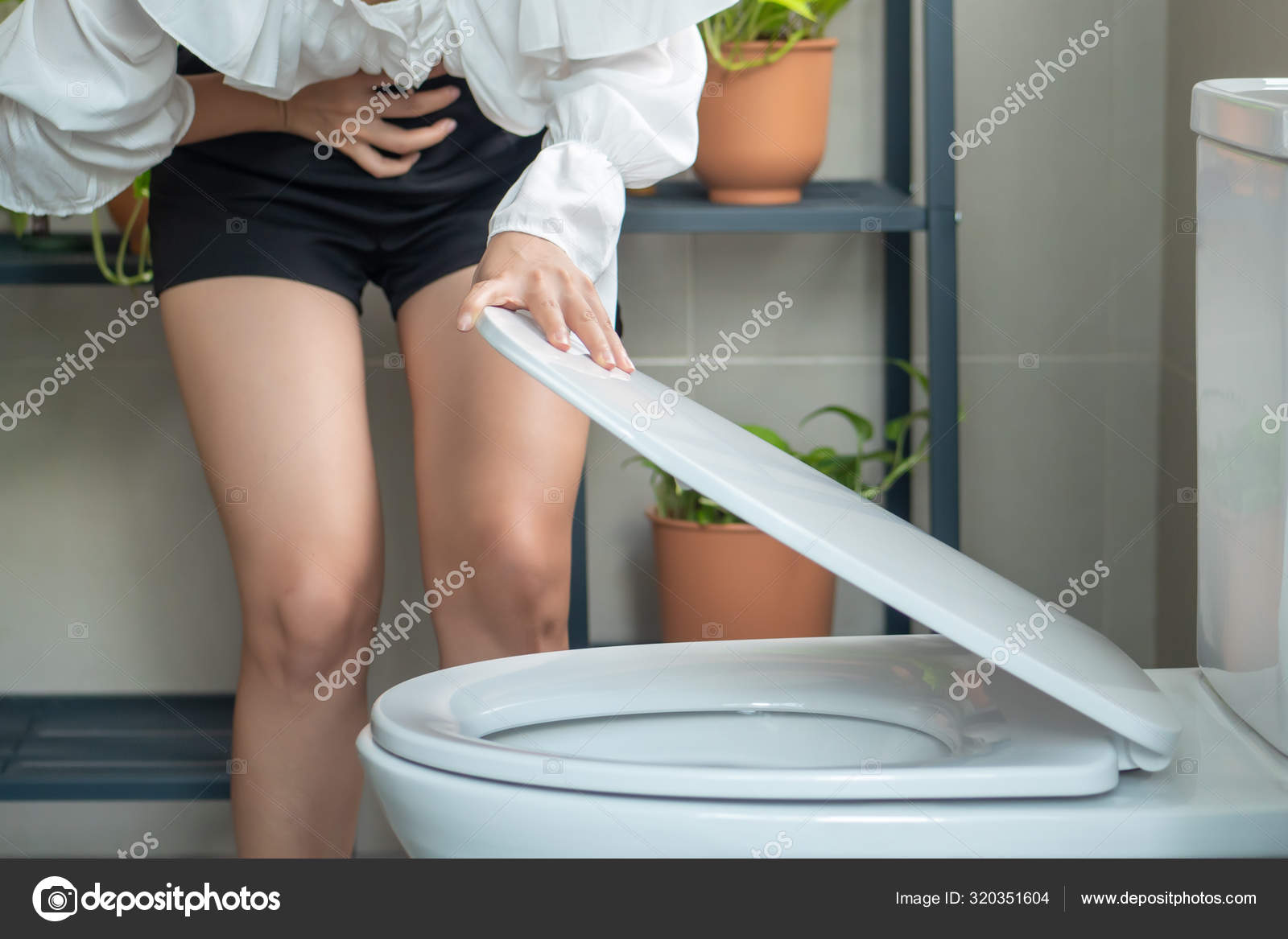Woman Opening Toilet Seat Diarrhea Symptom Sick Woman Suffering