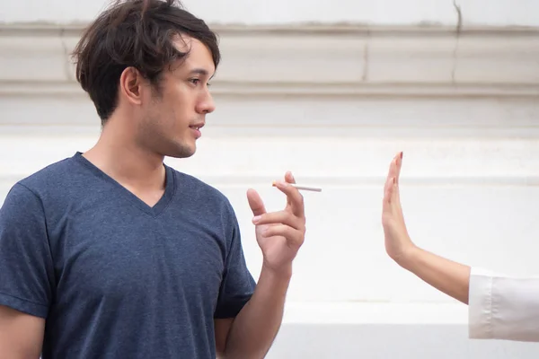 Woman Hand Stopping Man Smoke Concept Halt Stop Smoking Smoking — 스톡 사진