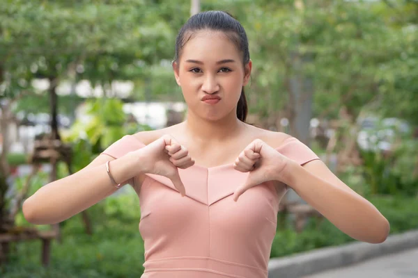 Unhappy Upset Woman Giving Thumb Negative Angry Upset Failed Asian — Stock Photo, Image