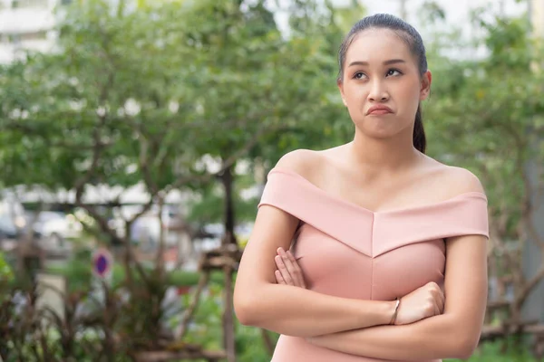 Stressed Upset Thoughtful Asian Woman Thinking Looking Portrait Asian Woman — Stock Photo, Image