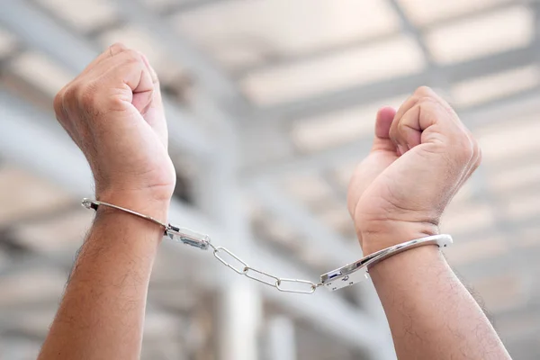 Arrested Man Criminal Gets Locked Handcuff Crime Scene Investigation Man — Stock Photo, Image