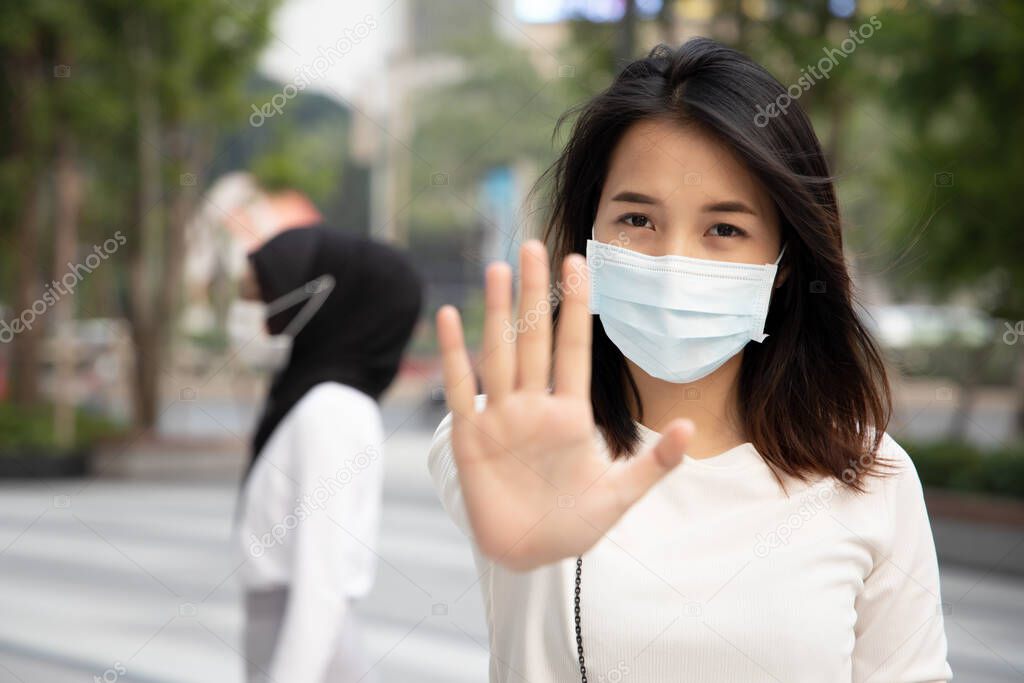 sick woman wearing mask, stopping virus outbreak; concept of biohazard, biological hazard, preventive health care, disease quarantine, coronavirus outbreak control, sickness containment, health care