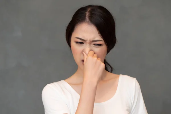 Asian Woman Covering Her Nose Bad Smell Concept Stink Thing — Stock Photo, Image