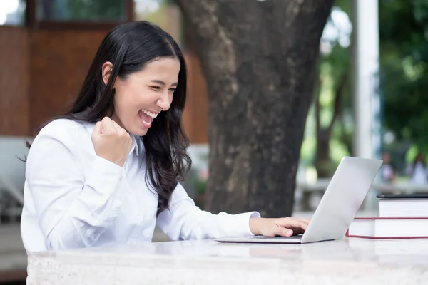 Excited Laughing Indian Asian Woman Study Home Computer Concept Distance — Stock Photo, Image