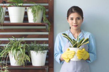 Kadın bahçıvan ağaç kabıyla küçük bir şehir bahçesine bakıyor.