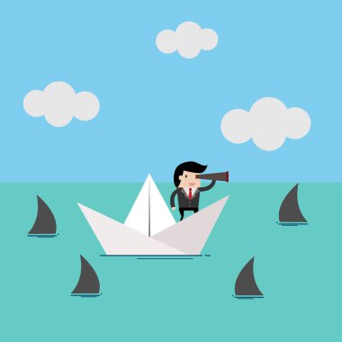 işletme finansı vektör. İş adamı ayakta üzerinde kağıt gemi içinde deniz ve çevrili tarafından köpekbalıkları. İş kavramı çizgi film illüstrasyon. Risk, Crisis.cartoon vektör çizim iş tasarımı için