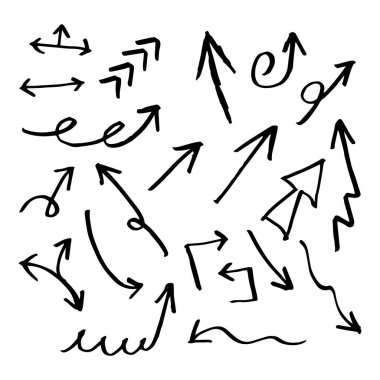 Elle çizilmiş ok siyah yön kalem kroki sembolleri, vektör çizim grafik tasarım koleksiyonu ayarla