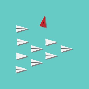 Kırmızı uçak yönünü ve beyaz olanlar değiştirme. Yeni fikir, değişiklik, eğilim, cesaret, yaratıcı çözüm, yenilik ve benzersiz bir şekilde kavramı. 