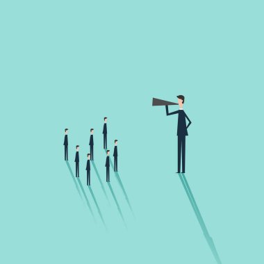 Minimalist stile. işletme finansı vektör. Duyuru, kamu konuşma, sunum için sembolü olarak bir megafon ile iş adamı.
