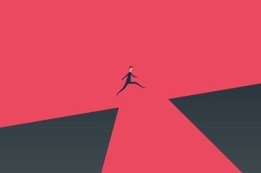 Minimalist stile. işletme finansı vektör. uçurum vektör kavram üzerinde atlama iş adamı. İş başarısı, sorun, risk, cesaret sembolü