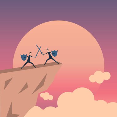 Minimalist stile. vektör iş finance.two iş adamı ile Kılıç dövüşü