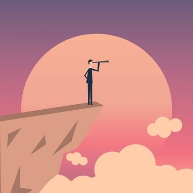 Minimalist stil. Vektör işleri finansmanı. İş adamı ve teleskop ikonu, sembol liderliği, strateji, görev, hedefler ile başarılı bir vizyon kavramı. 
