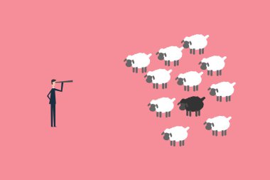 Minimalist stil. Vektör işleri finansmanı. İş adamı ve teleskop ikonu, sembol liderliği, strateji, görev, hedefler ile başarılı bir vizyon kavramı. 