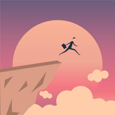 Minimalist stile. işletme finansı vektör. uçurum vektör kavram üzerinde atlama iş adamı. İş başarısı, sorun, risk, cesaret sembolü
