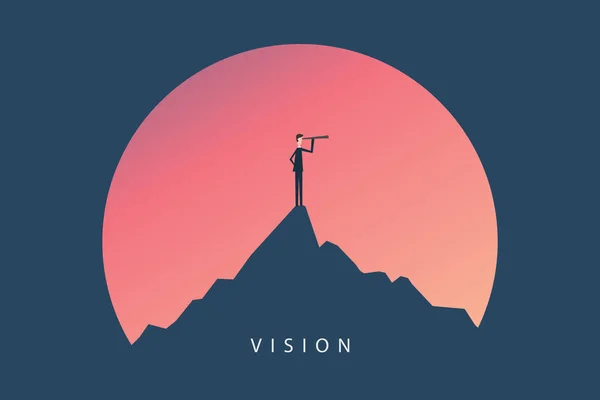 Minimalist stil. Vektör işleri finansmanı. İş adamı ve teleskop ikonu, sembol liderliği, strateji, görev, hedefler ile başarılı bir vizyon kavramı.