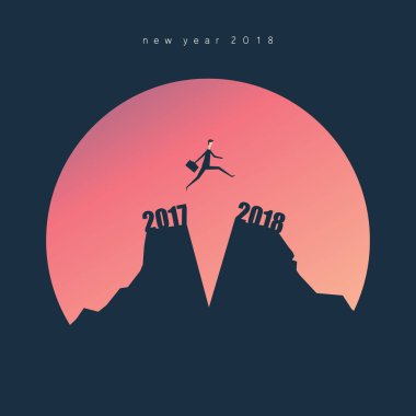 Minimalist tarzı. 2017 atlamak için 2018. adam günbatımı arka planda, iş kavramı fikri uçurumdan atlama