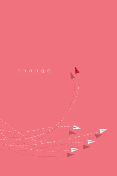 Minimalistisches rotes Flugzeug im Stil, das die Richtung ändert, und weißes. Neue Idee, Veränderung, Trend, Mut, kreative Lösung, Innovation und einzigartiges Wegekonzept. — Stockvektor