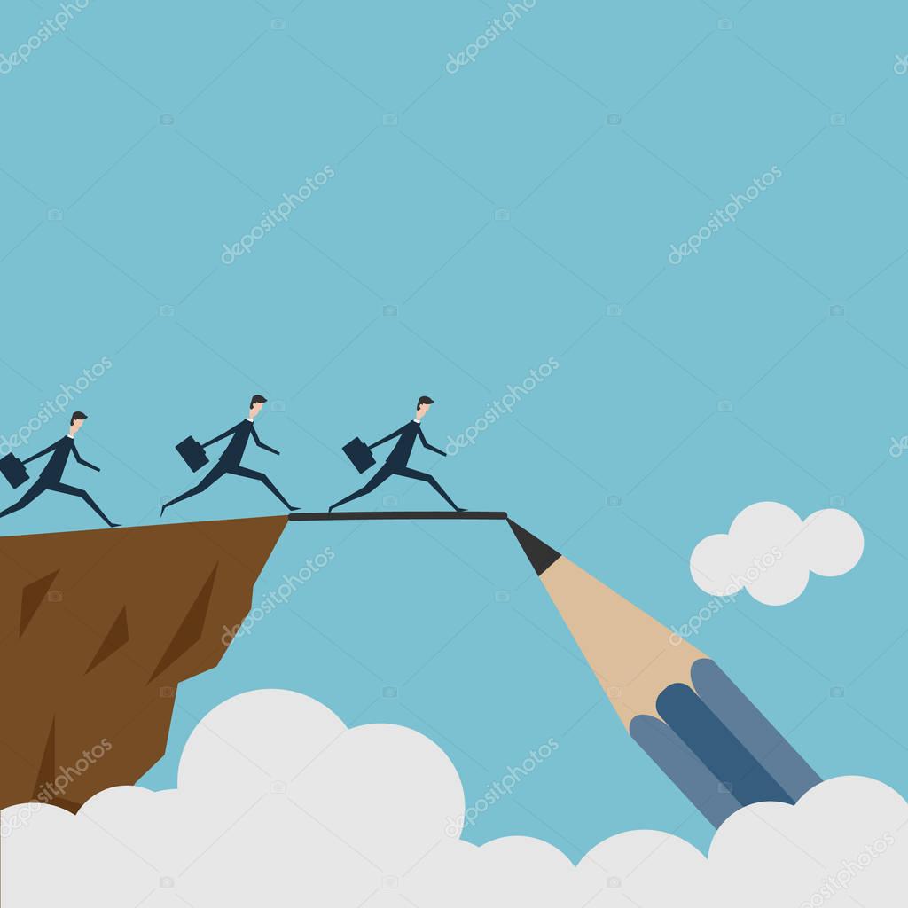 vector drawing a bridge and conquering adversity business concept as a group of people running from one cliff to another with the help of a pencil line sketch as a concept for bridging the gap for suc