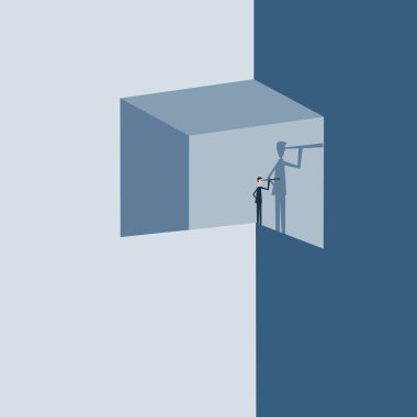 Minimalist stil. Vektör işleri finansmanı. İş adamı ve teleskop ikonu, sembol liderliği, strateji, görev, hedefler ile başarılı bir vizyon kavramı.