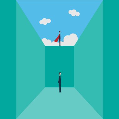 Minimalist tarzı vektör iş ekonomi kavramı. İş liderlik, kariyer başarı, ambition ve başarı bir sembolü olarak işadamı süper kahraman ayakta üstte. Düz tasarım.